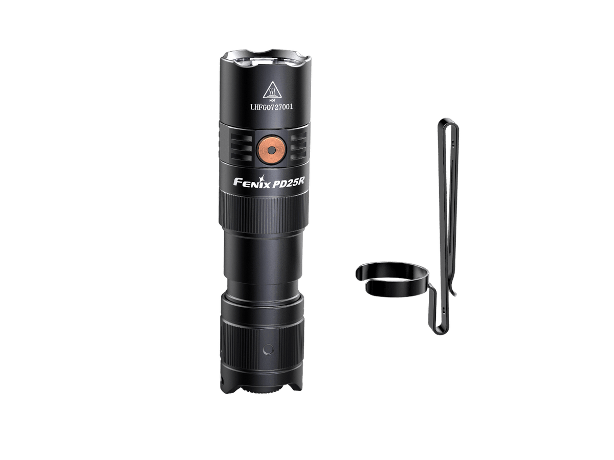 Fenix PD25R rechargeable LED flashlight with belt clip and wrist lanyard black on Tampa Home & Garden Store