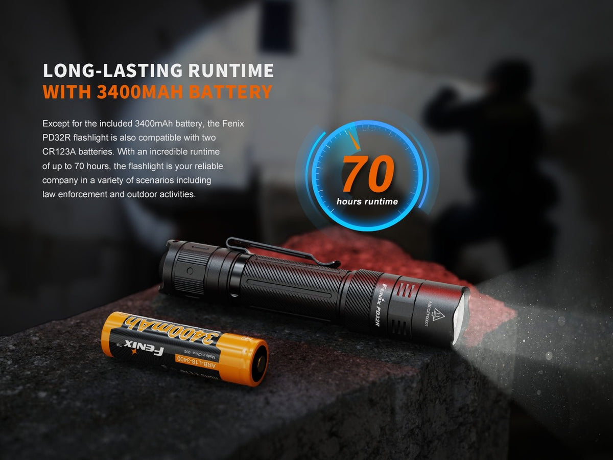Fenix PD32R rechargeable flashlight, black body with orange 3400mAh battery on Tampa Home & Garden Store