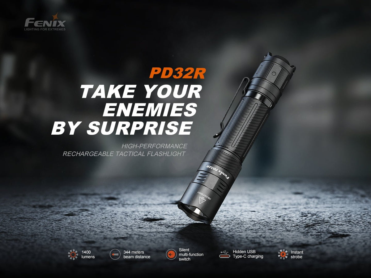 Fenix PD32R rechargeable tactical flashlight black anodized aluminum body with pocket clip on Tampa Home & Garden Store