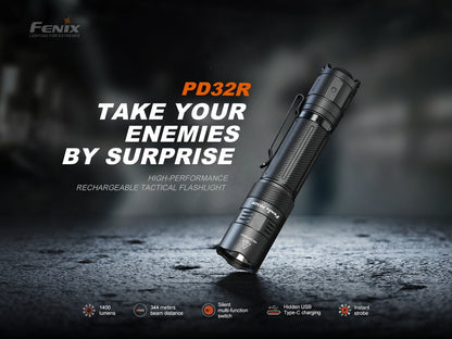 Fenix PD32R rechargeable tactical flashlight black anodized aluminum body with pocket clip on Tampa Home & Garden Store