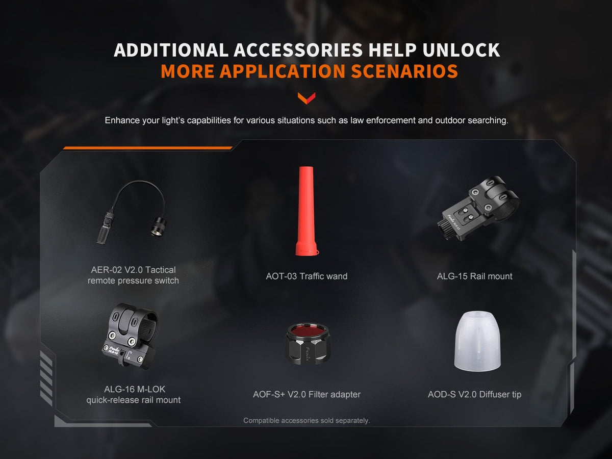 Fenix PD32R tactical flashlight accessories: remote switch, traffic wand, rail mounts, diffuser tip on Tampa Home & Garden Store