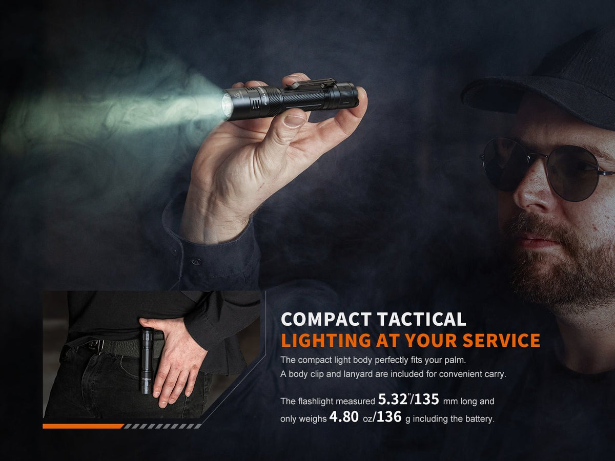 Fenix PD32R rechargeable tactical flashlight held by a man in a cap with a bright beam on Tampa Home & Garden Store