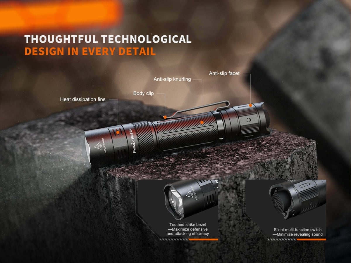 Fenix PD32R rechargeable tactical flashlight, black aluminum body, knurled grip on Tampa Home & Garden Store