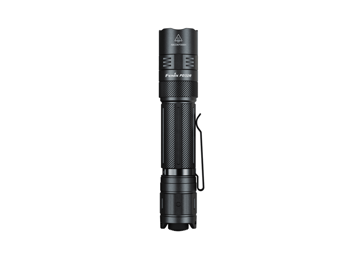 Fenix PD32R rechargeable tactical flashlight with black body, knurled grip, pocket clip on Tampa Home & Garden Store