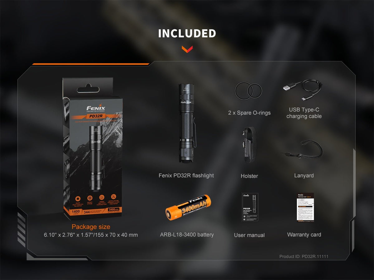 Fenix PD32R rechargeable tactical flashlight with USB-C cable and holster on Tampa Home & Garden Store
