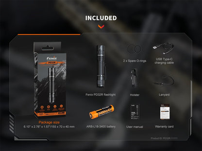Fenix PD32R rechargeable tactical flashlight with USB-C cable and holster on Tampa Home & Garden Store