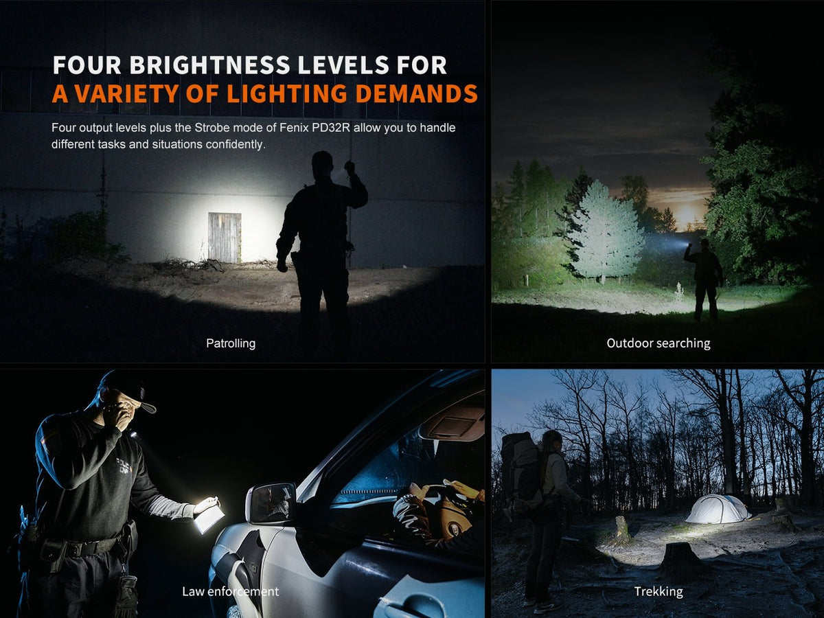 Fenix PD32R rechargeable LED flashlight collage showing patrol trekking on Tampa Home & Garden Store