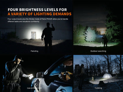 Fenix PD32R rechargeable LED flashlight collage showing patrol trekking on Tampa Home & Garden Store