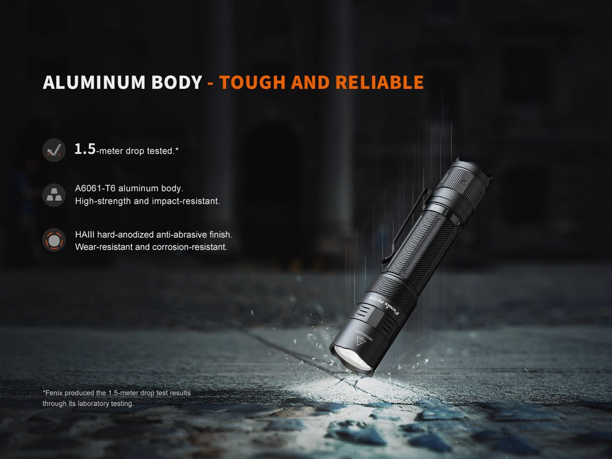 Fenix PD32R rechargeable tactical flashlight in black aluminum body with pocket clip on Tampa Home & Garden Store