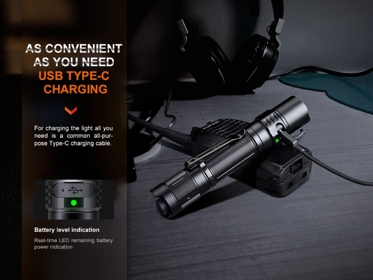 Fenix PD35R rechargeable tactical flashlight with USB-C charging on black aluminum body on Tampa Home & Garden Store