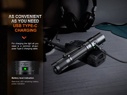 Fenix PD35R rechargeable tactical flashlight with USB-C charging on black aluminum body on Tampa Home & Garden Store