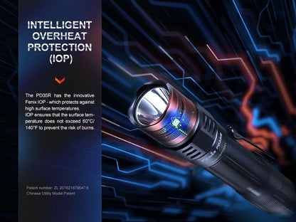 Fenix PD35R rechargeable tactical flashlight with black body and IOP heat protection on Tampa Home & Garden Store