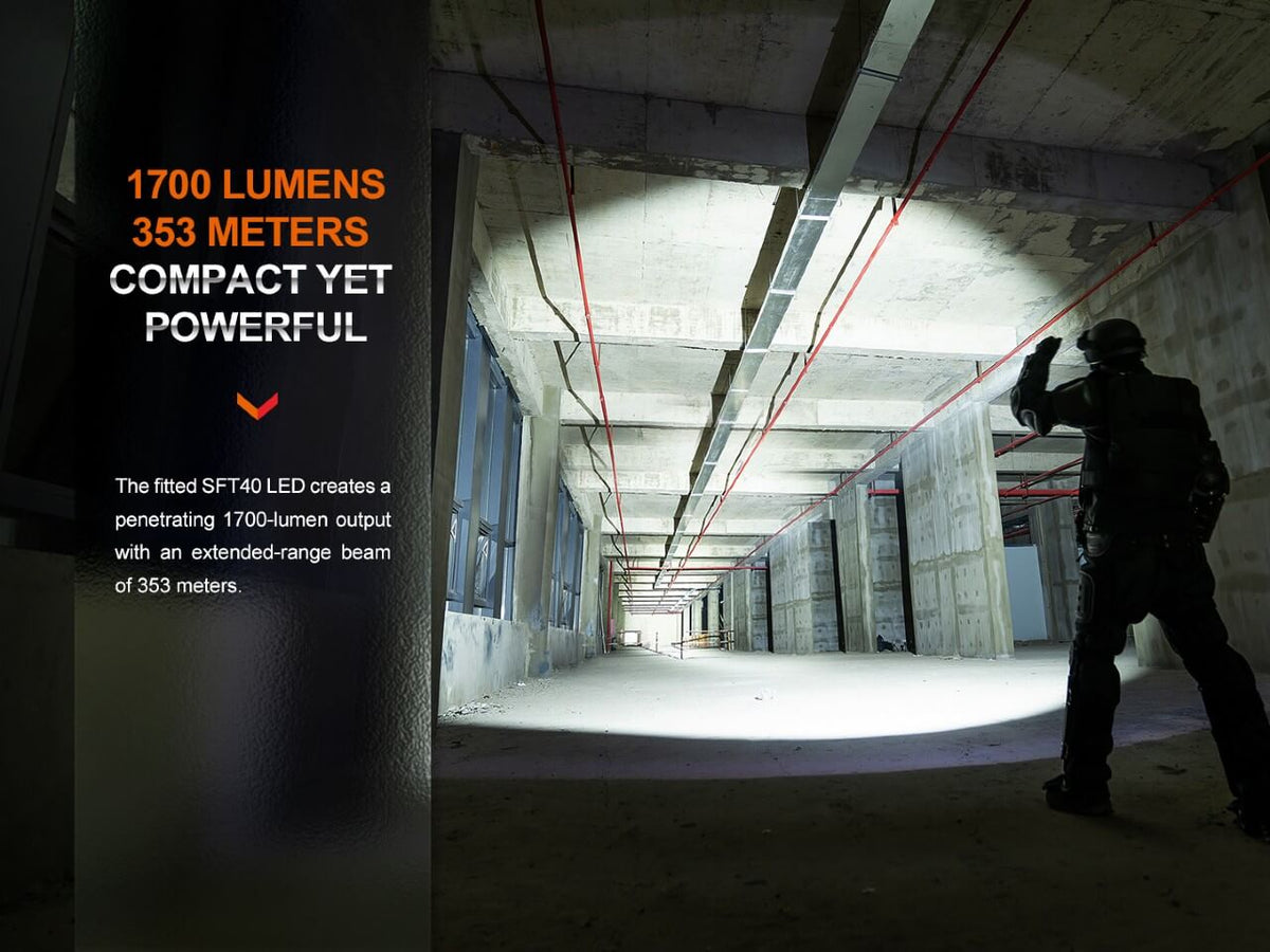 Fenix PD35R compact rechargeable tactical flashlight ad 1700 LUMENS beside warehouse figure on Tampa Home & Garden Store