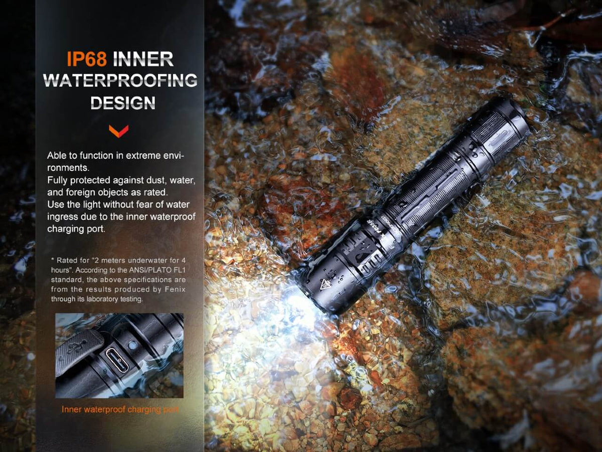 Fenix PD35R rechargeable tactical flashlight, compact black, IP68 waterproof design on Tampa Home & Garden Store