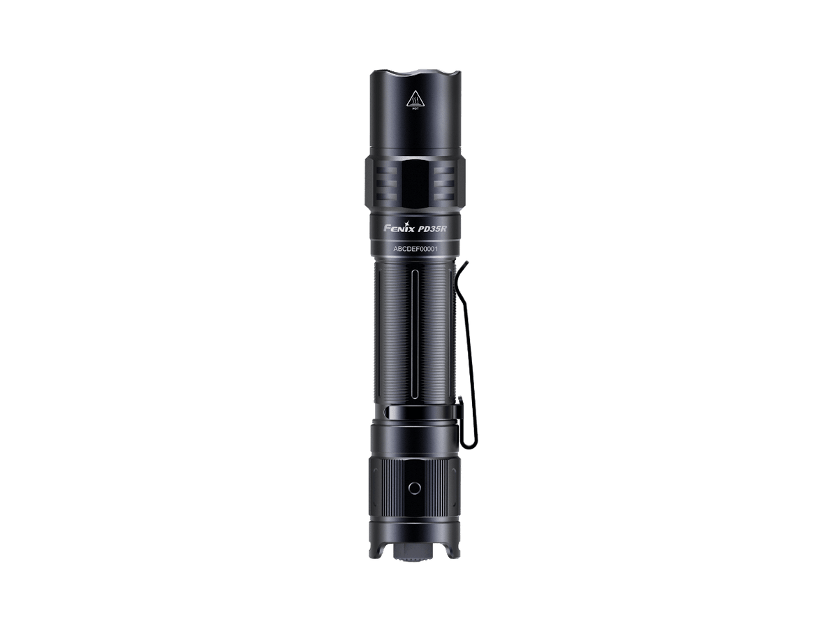 Fenix PD35R compact rechargeable flashlight in black with pocket clip and textured grip on Tampa Home & Garden Store