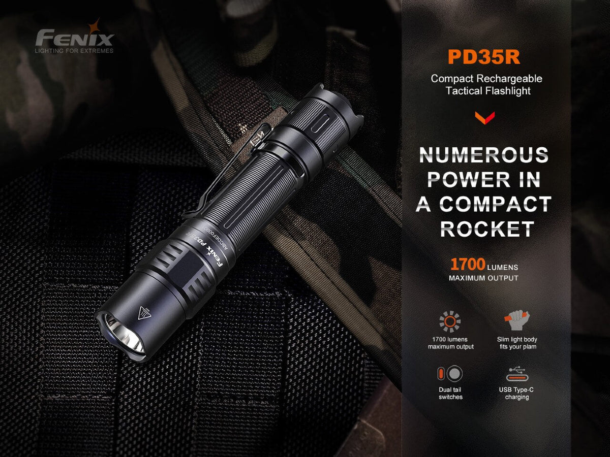 Fenix PD35R compact rechargeable tactical flashlight black body with pocket clip by Fenix Store on Tampa Home & Garden Store