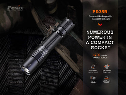 Fenix PD35R compact rechargeable tactical flashlight black body with pocket clip by Fenix Store on Tampa Home & Garden Store