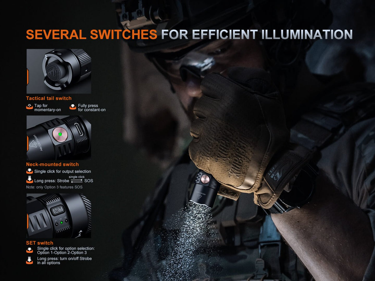 Fenix PD35R ACE EDC handheld flashlight black body with orange accents and multiple switches on Tampa Home & Garden Store