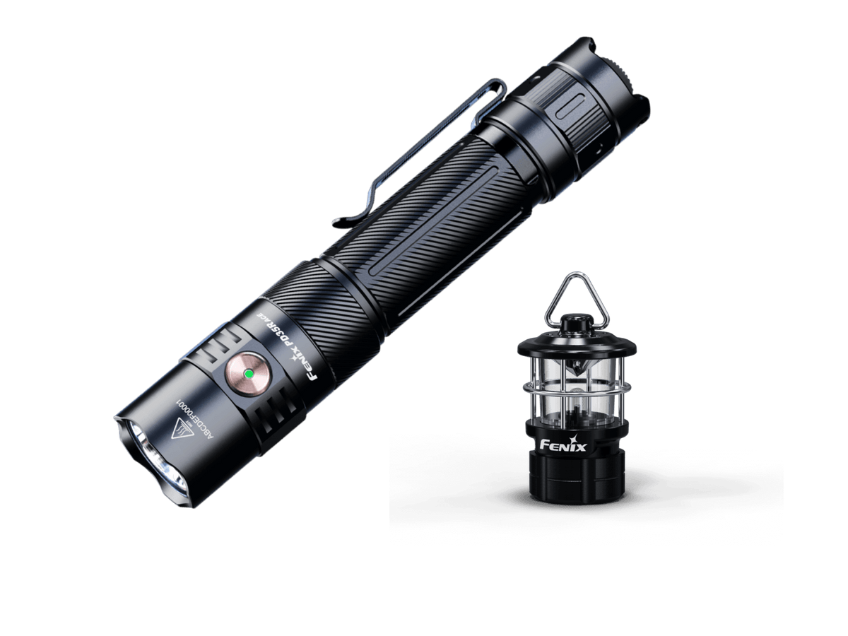 Fenix PD35R ACE EDC flashlight with black aluminum body and clip beside a lantern on Tampa Home & Garden Store