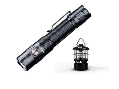 Fenix PD35R ACE EDC flashlight with black aluminum body and clip beside a lantern on Tampa Home & Garden Store
