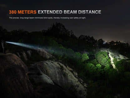 Fenix PD35R ACE EDC flashlight banner, night landscape with long beam across trees, Fenix Store on Tampa Home & Garden Store
