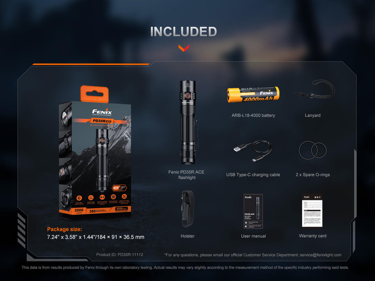 Fenix PD35R ACE EDC flashlight with black body, included battery, USB-C cable, holster on Tampa Home & Garden Store