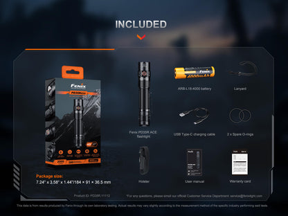 Fenix PD35R ACE EDC flashlight with black body, included battery, USB-C cable, holster on Tampa Home & Garden Store