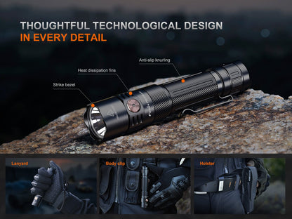 Fenix PD35R ACE EDC flashlight in black with knurled grip, heat fins and strike bezel on Tampa Home & Garden Store