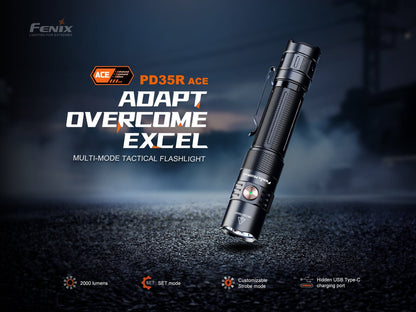 Fenix PD35R ACE handheld EDC flashlight with clip black aluminum body on Tampa Home & Garden Store