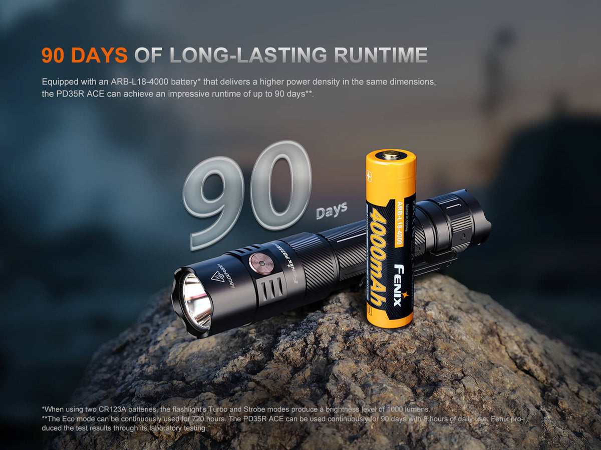 Fenix PD35R ACE EDC flashlight and orange ARB-L18-4000 battery on rock, two-item setup on Tampa Home & Garden Store