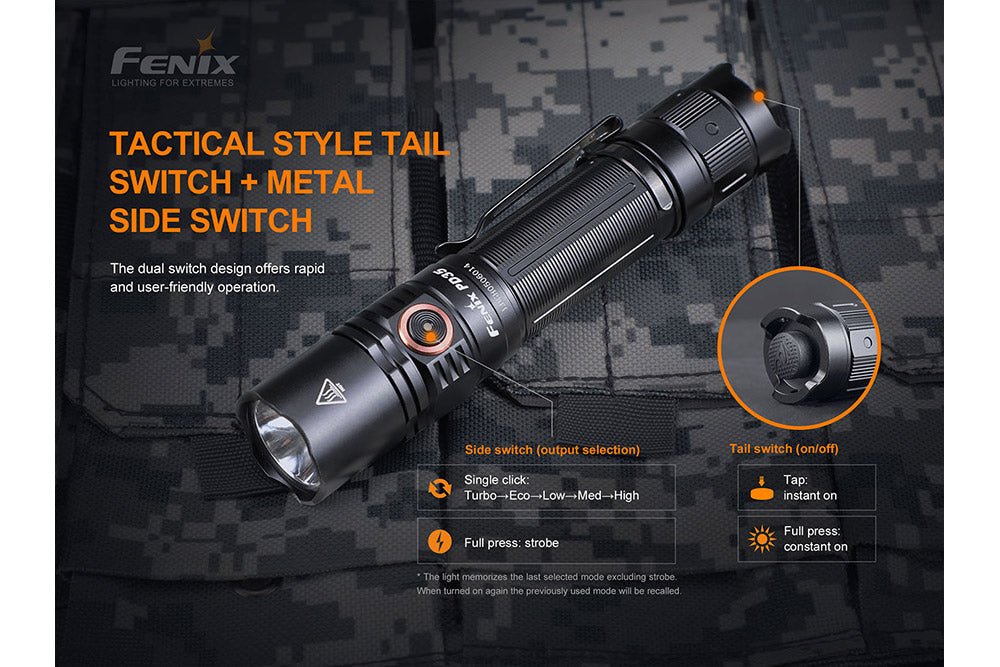 Fenix PD35 V3.0 flashlight, black aluminum body with orange side switch, Fenix Store on Tampa Home & Garden Store