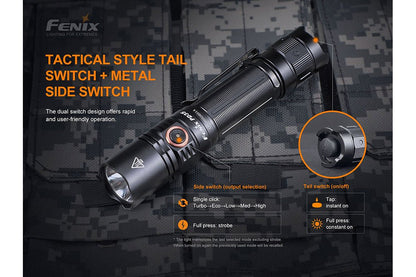 Fenix PD35 V3.0 flashlight, black aluminum body with orange side switch, Fenix Store on Tampa Home & Garden Store