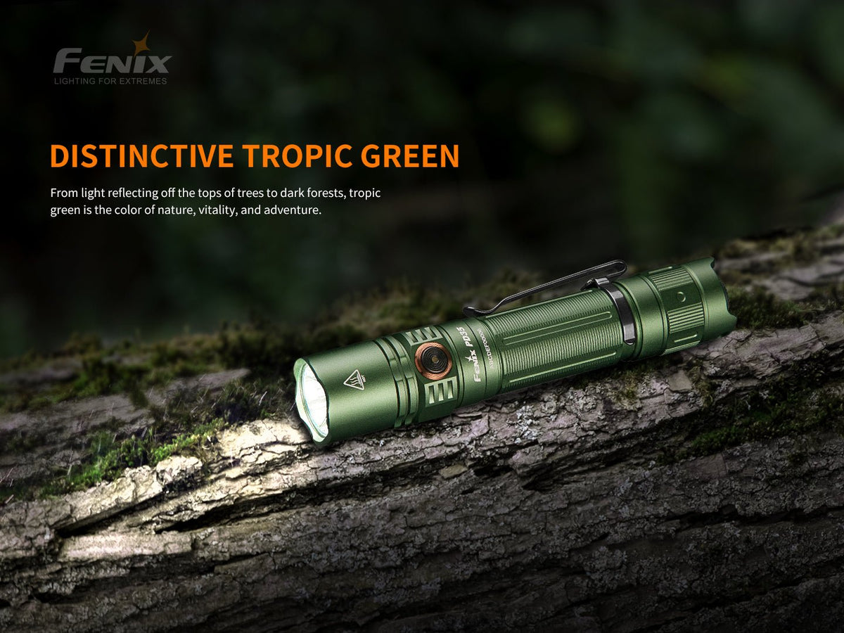 Fenix PD35 V3.0 everyday carry flashlight tropical green on mossy log with clip on Tampa Home & Garden Store