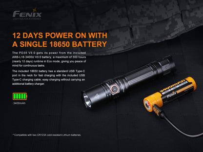 Fenix PD35 V3.0 Tactical Flashlight 1700lm black with orange bezel 18650 USB-C charger on Tampa Home & Garden Store
