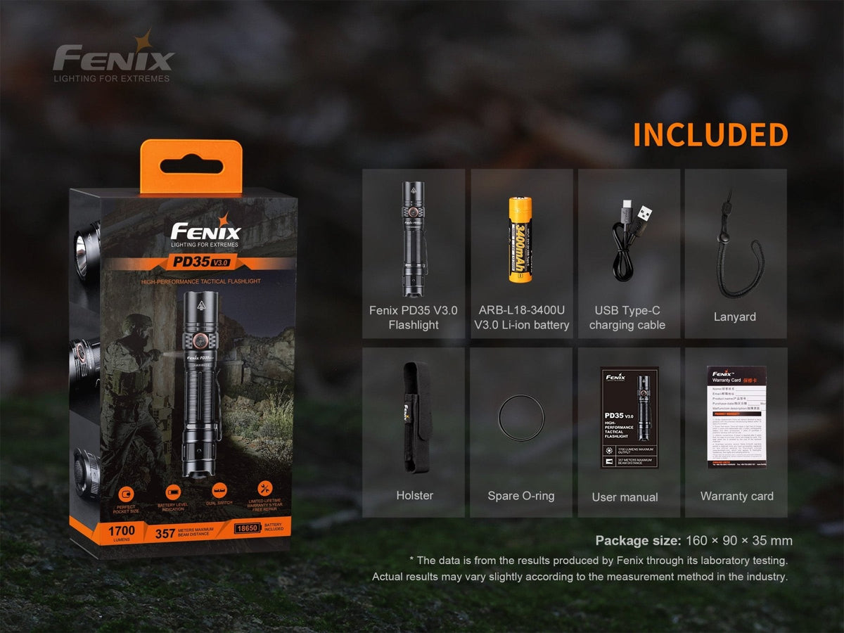 Fenix PD35 V3.0 flashlight with orange packaging and included USB-C charging cable on Tampa Home & Garden Store
