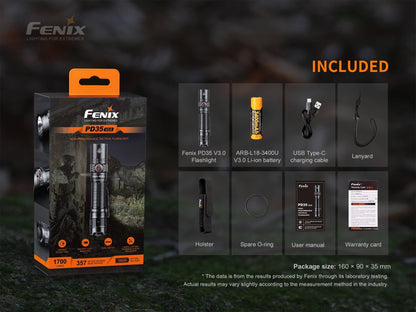Fenix PD35 V3.0 flashlight with orange packaging and included USB-C charging cable on Tampa Home & Garden Store