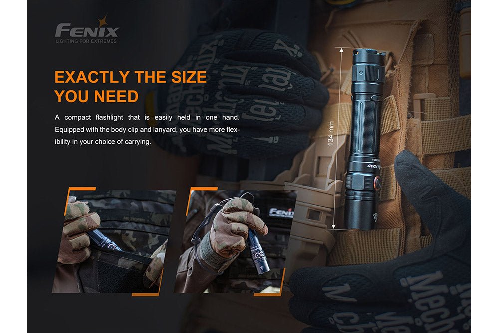 Fenix PD35 V3.0 Everyday Carry Flashlight in black with 1700 lumens on tactical vest on Tampa Home & Garden Store