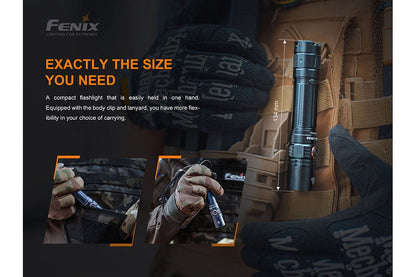 Fenix PD35 V3.0 Everyday Carry Flashlight in black with 1700 lumens on tactical vest on Tampa Home & Garden Store