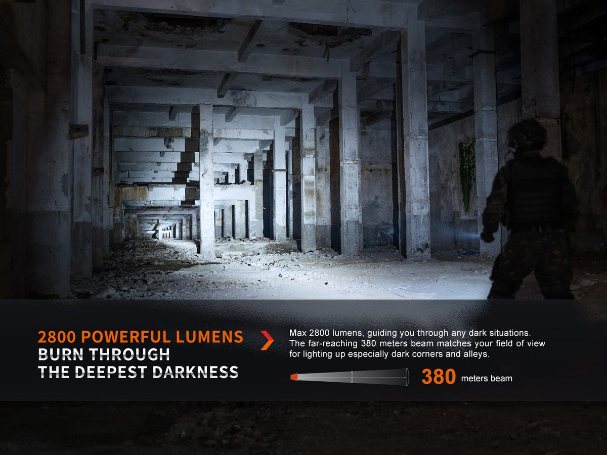 Fenix PD36R Pro 2800 Lumen tactical flashlight banner in a dark ruined warehouse, Fenix Store on Tampa Home & Garden Store