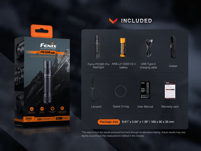 Fenix PD36R Pro flashlight, black, 2800 lm; includes battery, USB-C cable, holster on Tampa Home & Garden Store