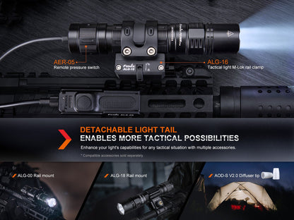 Fenix PD36R Pro 2800-lumen flashlight on rifle rail with AER-05 remote switch and ALG-16 clamp on Tampa Home & Garden Store