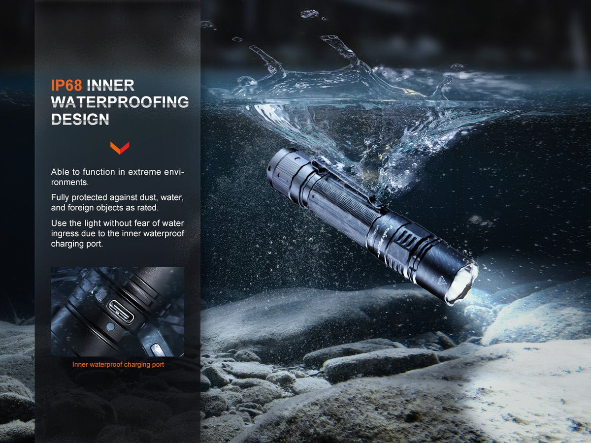 Fenix PD36R Pro 2800 Lumen tactical flashlight, black aluminum body with IP68 waterproof design on Tampa Home & Garden Store
