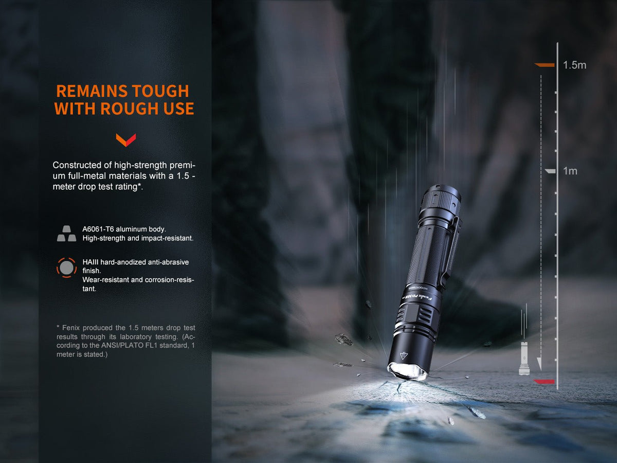 Fenix PD36R Pro black tactical flashlight with clip on a wet surface beside a 1.5m scale on Tampa Home & Garden Store