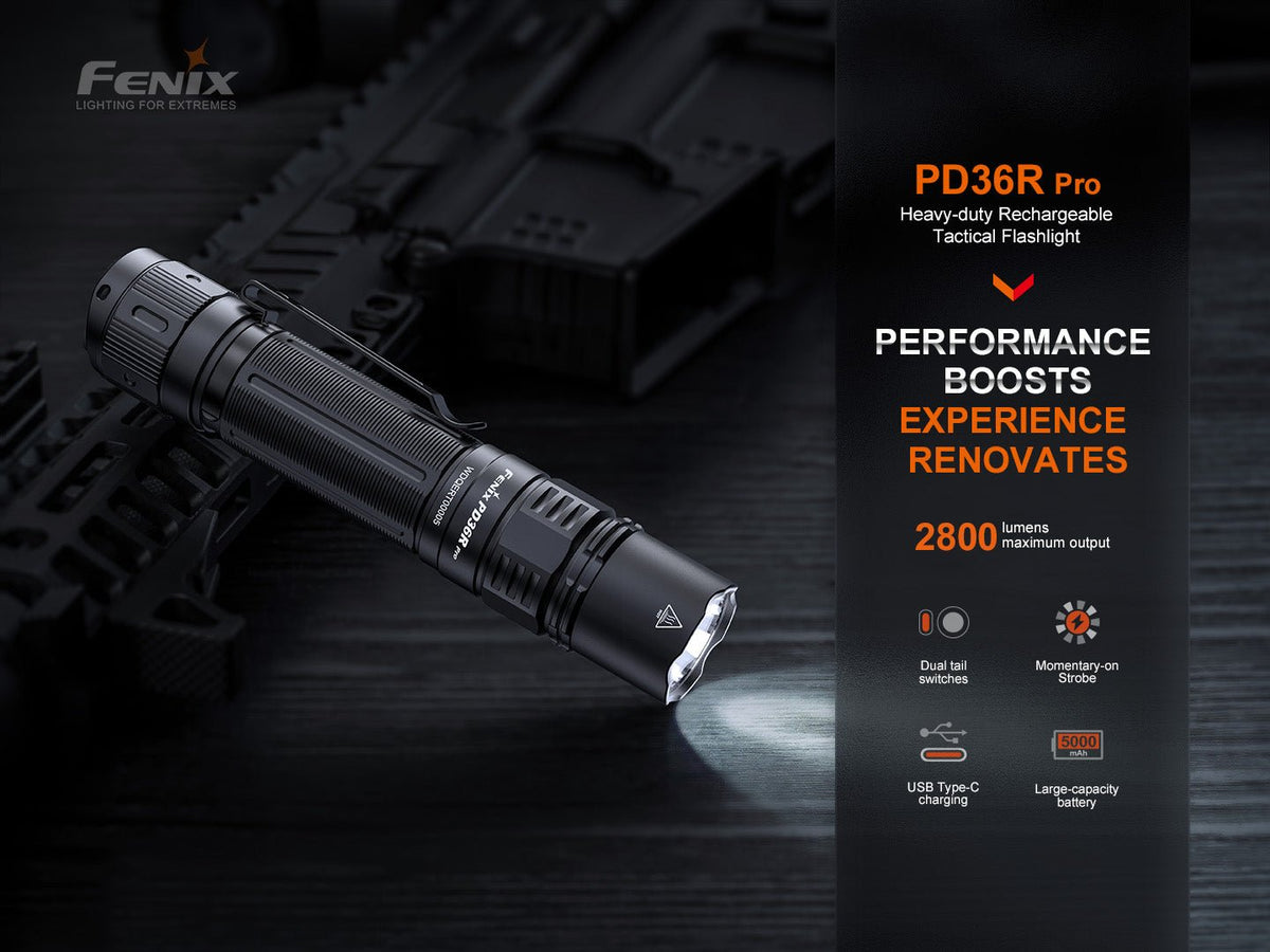 Fenix PD36R Pro tactical flashlight in black with textured grip beside 2800 lumens packaging on Tampa Home & Garden Store