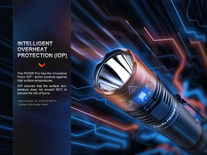 Fenix PD36R Pro tactical flashlight with black aluminum body, blue accents, IOP protection on Tampa Home & Garden Store