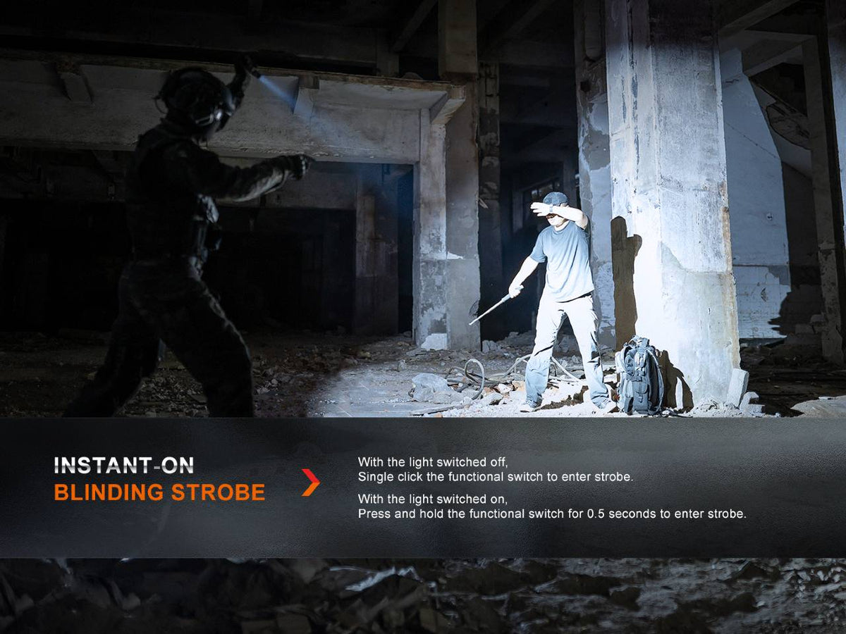 Fenix PD36R Pro 2800 Lumen Tactical Flashlight in use, blue beam in a dark warehouse on Tampa Home & Garden Store