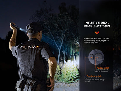 Fenix PD36R Pro 2800 Lumen Flashlight tactical black with dual rear switches on a police patrol on Tampa Home & Garden Store