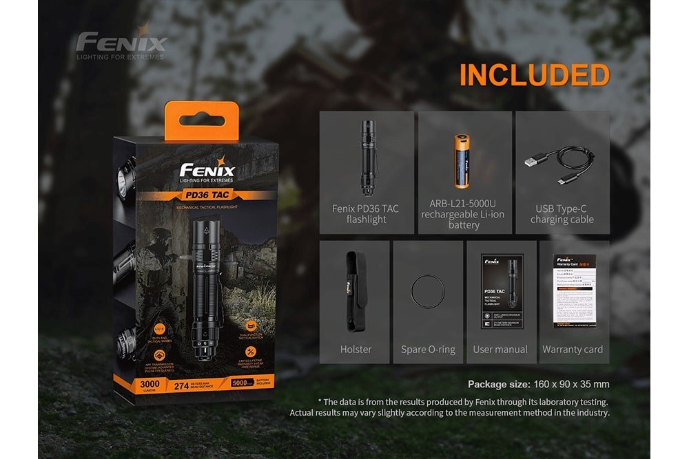 Fenix PD36 TAC flashlight, black with orange accents, 7-piece included accessories on Tampa Home & Garden Store
