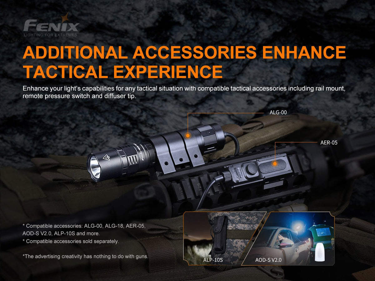 Fenix PD36 TAC tactical flashlight, 3000 lumens, black aluminum body mounted on rail on Tampa Home & Garden Store