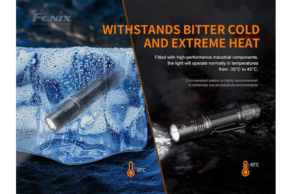 Fenix PD36 TAC tactical flashlight black 3000 lumens shown in ice and heat scenes on Tampa Home & Garden Store